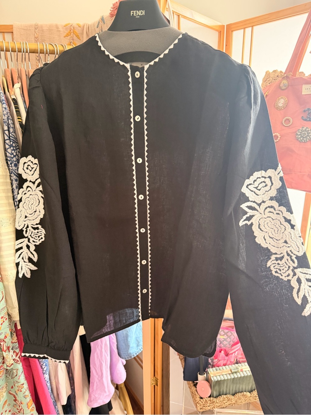NWT Sonmer Leonor Black Linen Embroidered Blouse Floral Button Front Size M